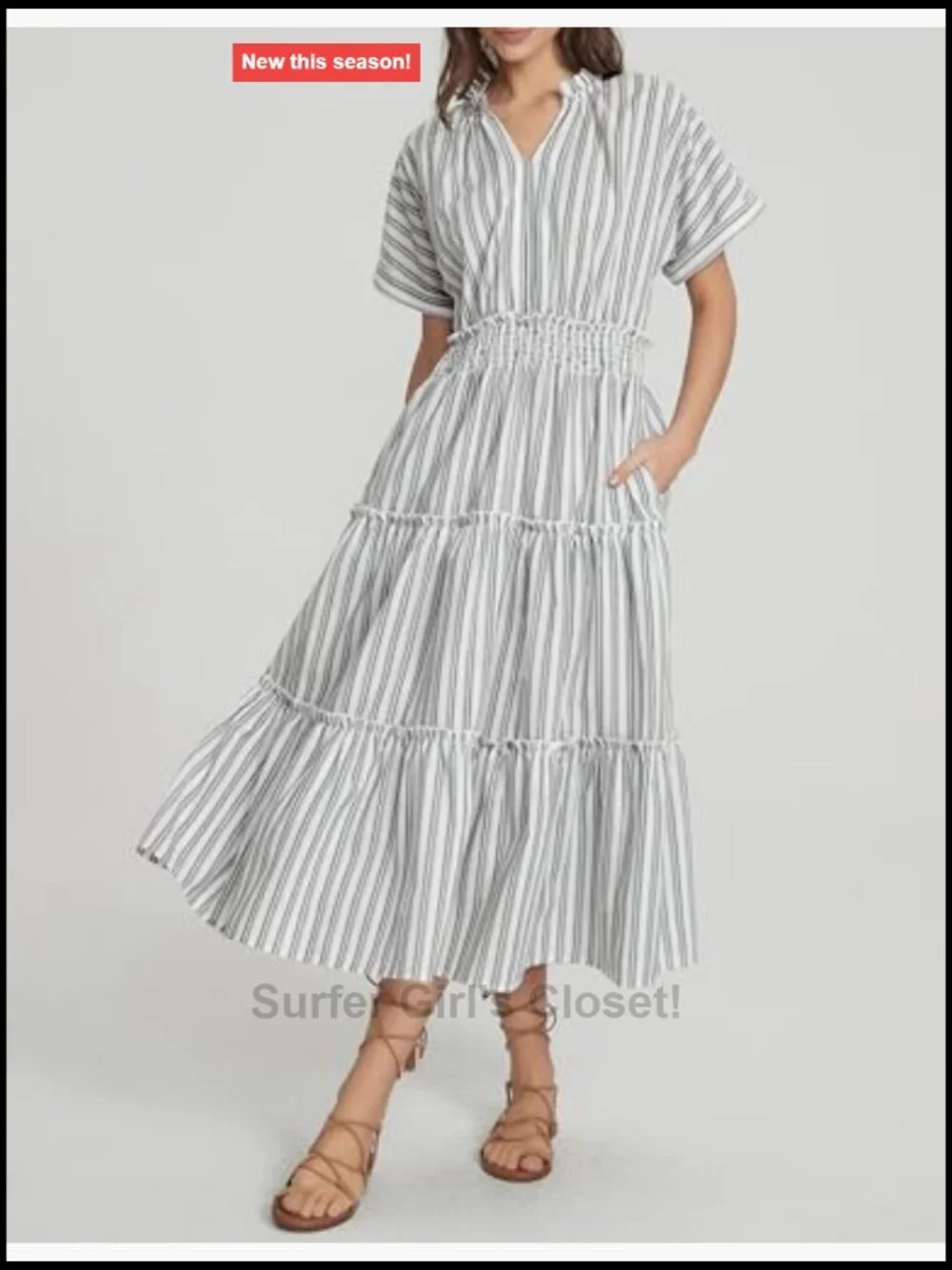 Striped Boho Midi Dress with Pockets Flowy Summer Beach